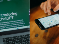 Split screen with laptop displaying ChatGPT on the left and person using Google Maps on a phone on the right.