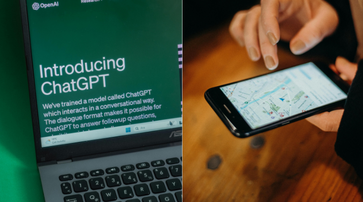 Split screen with laptop displaying ChatGPT on the left and person using Google Maps on a phone on the right.