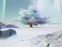 AI-generated white wintry landscape with tree and rocks