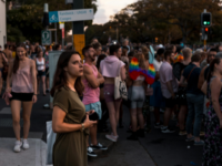 A crowd of people at a street party in Sydney, Australia.