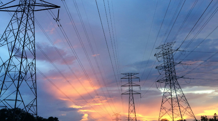 Electricity towers at sunset